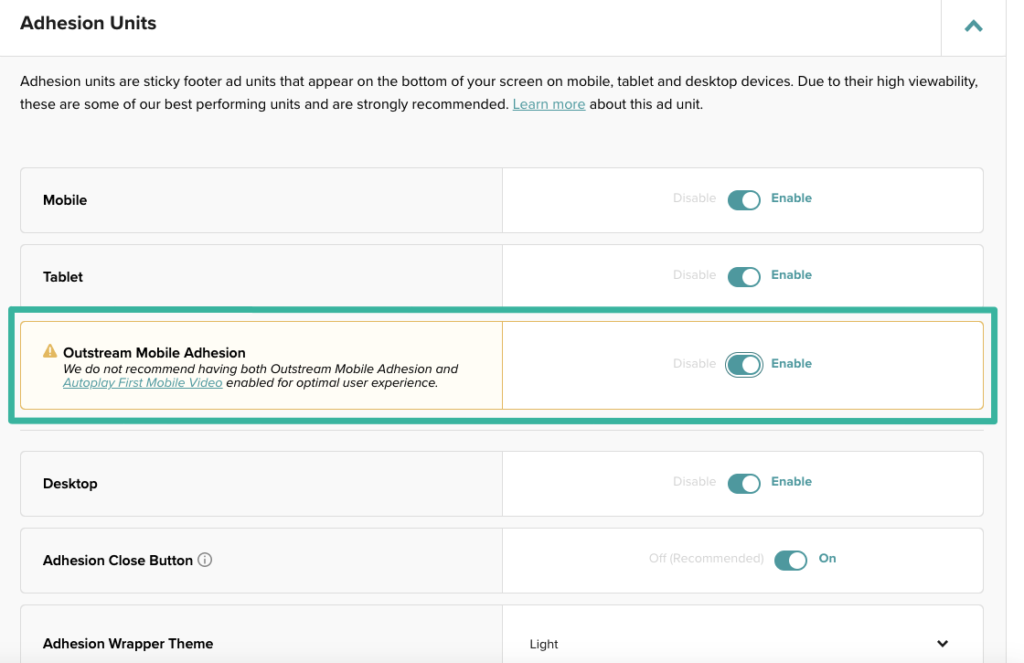 Outstream Mobile Adhesion enabled in the dashboard