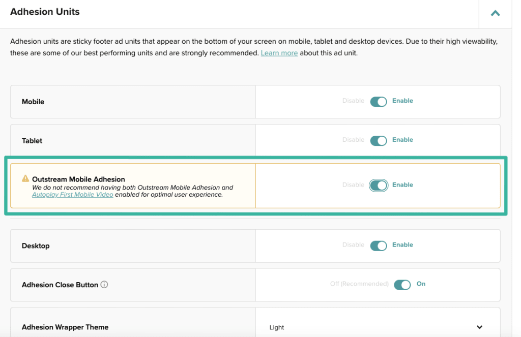 Outstream Mobile Adhesion enabled in the dashboard