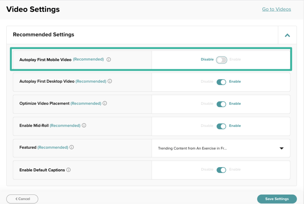 Autoplay First Mobile Video Toggled off in the Dashboard