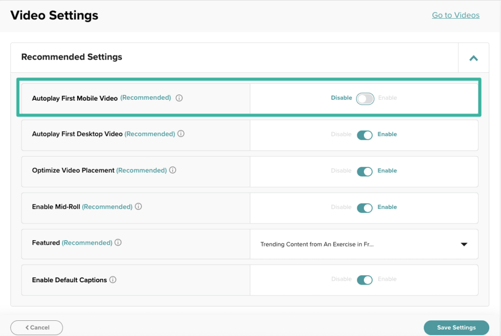 Autoplay First Mobile Video Toggled off in the Dashboard