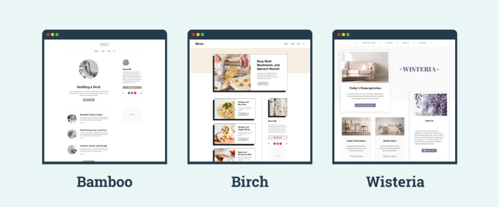 screenshots of the child themes bamboo, birch and wisteria