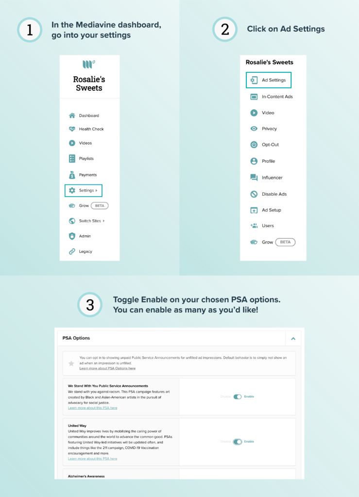 Step by step visual instructions for enabling PSA ads