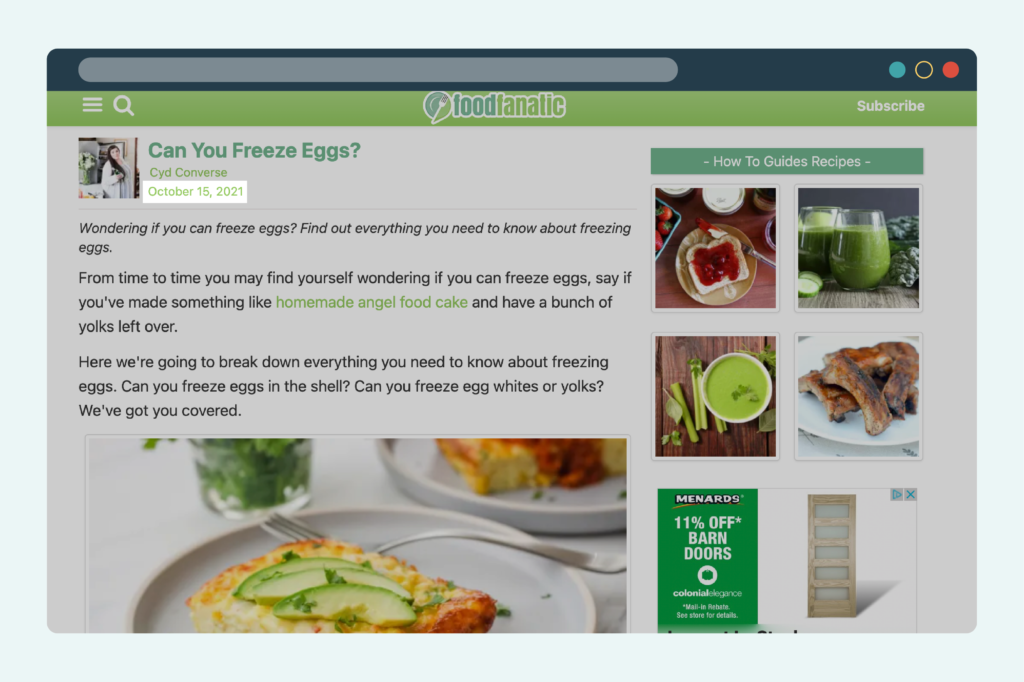 Food fanatic website with the date of the post highlighted following the best practices listed above.