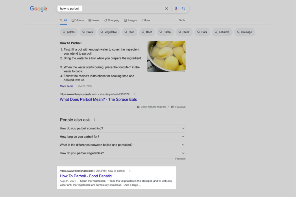 screenshot of the search results for "how to parboil" Food Fanatic shows up on the first page