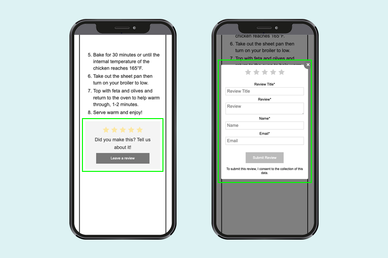 Screenshot of mobile recipe review interface.