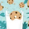 cookies falling with plants in the background. one cookie is falling into a glass of milk