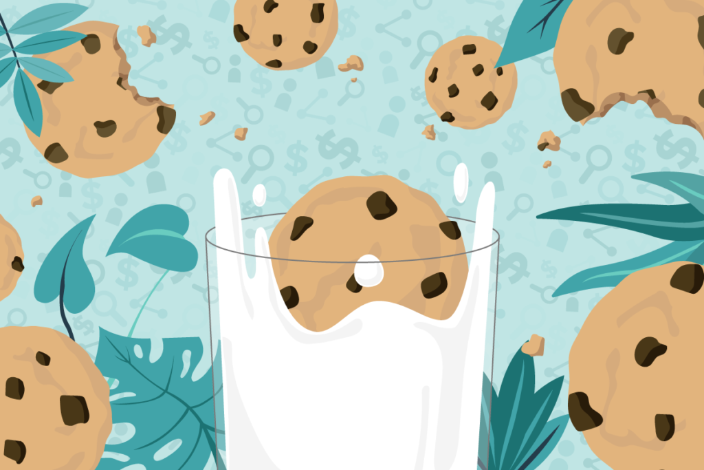 cookies falling with plants in the background. one cookie is falling into a glass of milk