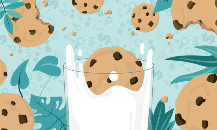 cookies falling with plants in the background. one cookie is falling into a glass of milk
