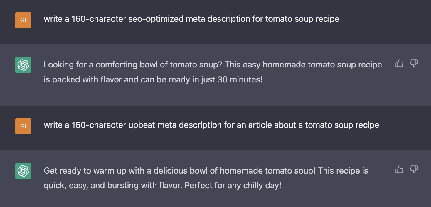 Screenshot of sample meta descriptions generated by ChatGPT.