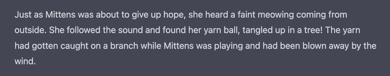Screenshot of a paragraph of a story composed by ChatGPT involving a kitten and a ball of yarn.