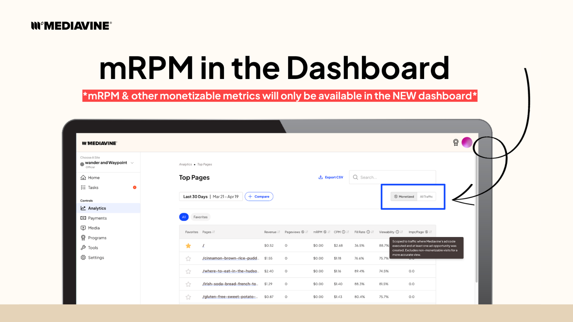 mRPM * and other monetizable metrics will only be available in the new dashboard